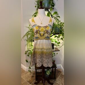 Free People Yellow and Brown Mini Crochet Dress - Small